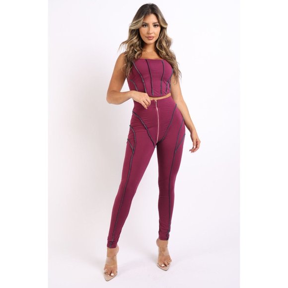 Boutique Pants - Women's Stitch Detailed Tank Top And Matching Zipper Leggings 2 Piece Set S,M,L